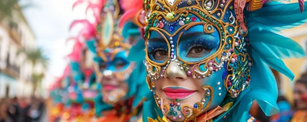 Vibrant Carnival parade showcasing colorful dancers and traditional masks in lively streets during festival celebrations