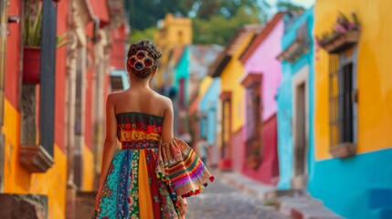 Fototapeta premium Young woman in colorful dress and shawl walking along cobblestone street in vibrant Oaxaca