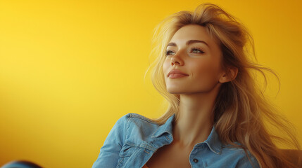 Fototapeta premium A pretty and funny lady poses confidently against a bright yellow wall. Her relaxed demeanor and joyful expression convey a carefree moment filled with positivity and charm