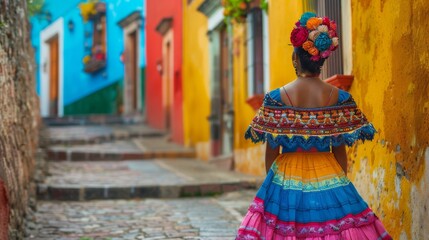 Fototapeta premium Colorful young woman in traditional dress walks through the charming streets of Oaxaca on a sunny day