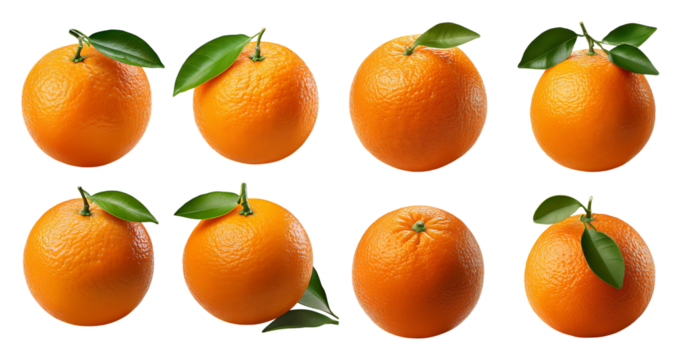 Fresh Oranges with Leaves Arranged in a Grid Pattern on Black Background, Bundle Set Collection, Isolated on Transparent Background
