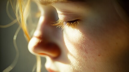 Sunlight caresses closed eyes in a tender moment of introspection, highlighting delicate features and creating a serene atmosphere.