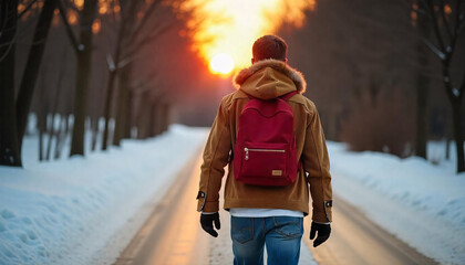 A Man in a Red Backpack Trekking Through a Winter Landscape.