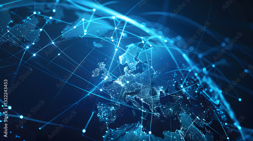 Poster a blue globe with a network of lines connecting it