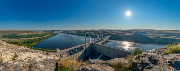 Wide angle panorama shot of Fort Peck Dam and lake