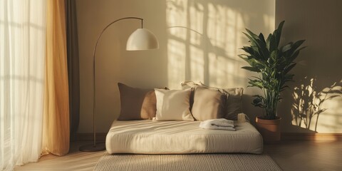 Fototapeta premium A cozy interior featuring a daybed with pillows and a large plant