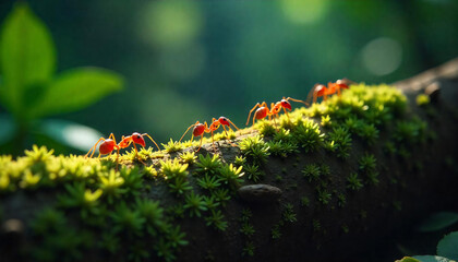A Macro View of Nature’s Tiny Architects on a Mossy Path.