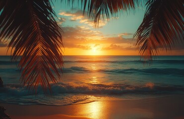 Fototapeta premium Stunning Tropical Sunset Over Calm Ocean Waves with Silhouette of Palm Leaves Framing Serene Beach Scene for Relaxation and Travel Inspiration