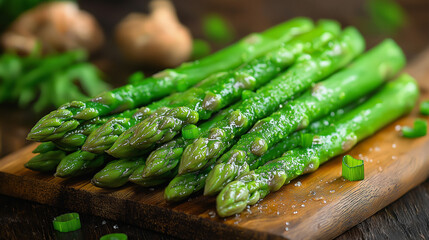 Crisp, vibrant green asparagus spears are artfully displayed on a wooden cutting board, complemented by scattered herbs and spices for a fresh culinary touch