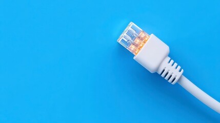 Close up of a white Ethernet cable connector against a light blue background. The image is simple and clean.