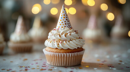 A happy dog wears a colorful party hat, surrounded by delicious cupcakes adorned with creamy frosting, creating a delightful celebration atmosphere