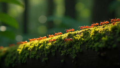 A Macro View of Nature’s Tiny Architects on a Mossy Path.