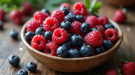 Freshly Picked Raspberries and Blueberries in a Wooden Bowl on a Rustic Table