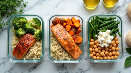 Healthy Meal Prep Containers With Salmon, Vegetables, and Grains for Nutritious Eating