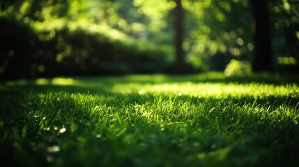 Naklejka premium Sunlight filters through lush trees, casting gentle shadows on vibrant green grass, evoking a serene, untouched natural haven.