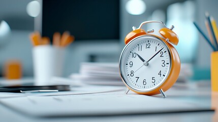 Close up of a yellow alarm clock on a desk with office supplies, shallow depth of field, soft lighting, focus on the clock