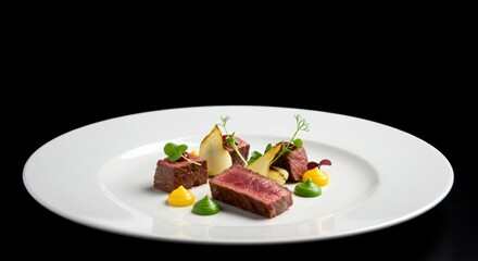 Culinary artistic presentation of grilled beef tenderloin medallions with potato wedges, colorful sauce dots on white plate for elegant fine dining concept