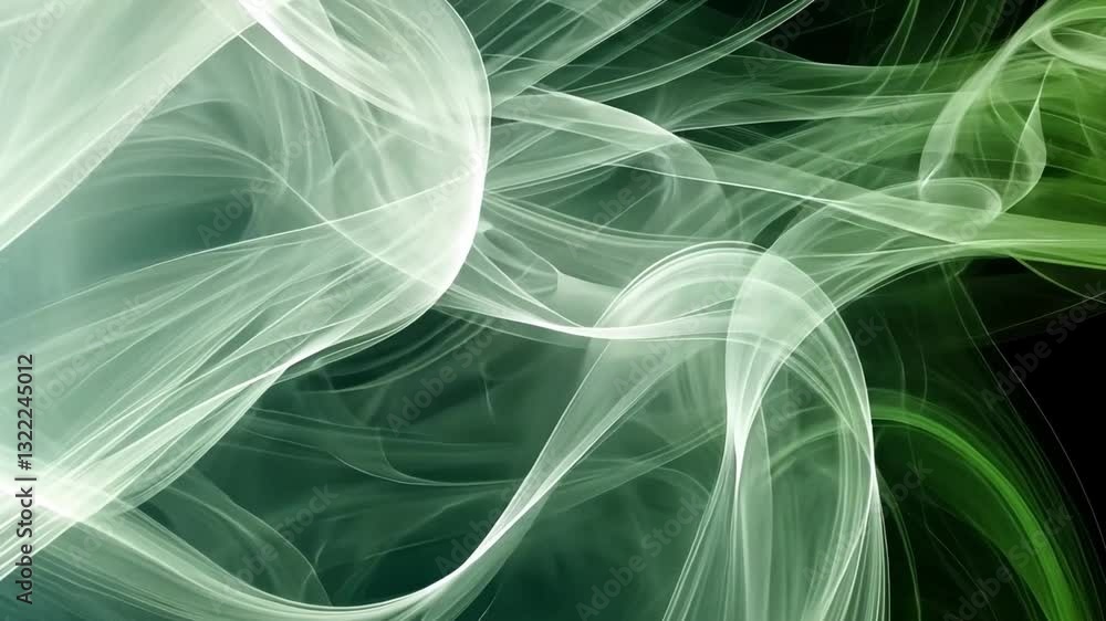 Poster Abstract Green and White Flowing Lines Create Dynamic and Ethereal Pattern, Evoking Sense of Movement and Fluidity with Mesmerizing Visual Effect of Smoke Like Patterns and Swirling Gradients