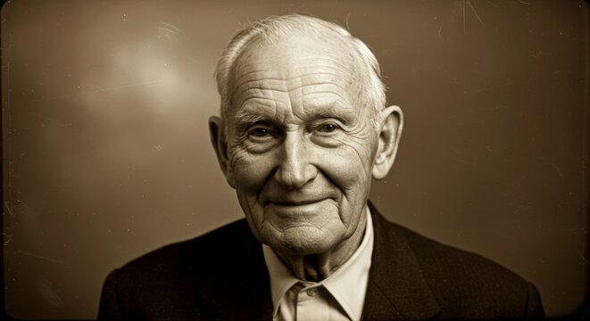 Retro portrait of a senior man with a kind smiling expression. Studio shot with nostalgic filter for vintage style greetings and memorial tribute project