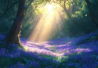 Fototapeta premium Sunlight Filtering Through Trees Creating a Magical Atmosphere in a Vibrant Forest of Bluebell Flowers Under a Clear Sky