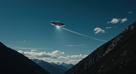 Ufo flying over a mountain valley with trail. Alien spaceship entering the atmosphere and traveling at speed for science fiction book cover and poster