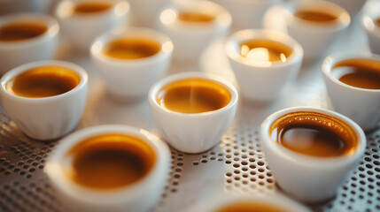 A variety of small white cups filled with rich, dark coffee are placed on a smooth white desk. The setup creates an inviting atmosphere for coffee lovers to enjoy during the morning