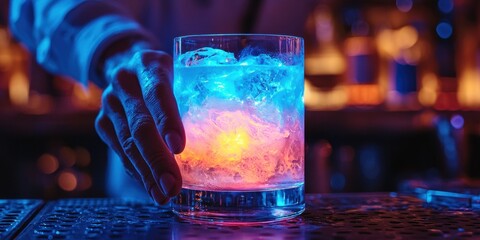 World cocktail day with beverage and glass idea. Vibrant cocktail with ice and colorful lighting effects.