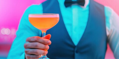 World cocktail day with beverage and glass idea. Stylish bartender holding a cocktail in a vibrant setting.