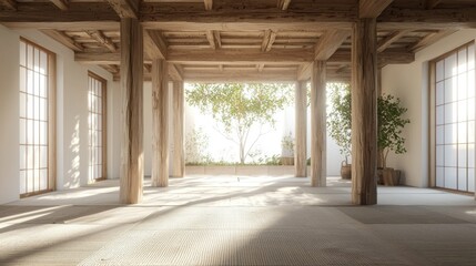 Japanese Zen-style interior, sunlight streams in
