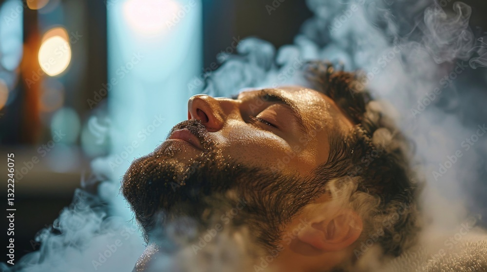 Poster a man with a beard is immersed in steam, eyes closed, seemingly in a peaceful state of relaxation, s