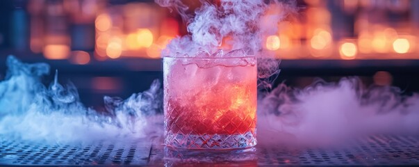 World cocktail day with beverage and glass idea. Vibrant cocktail with smoke and colorful lighting effects.
