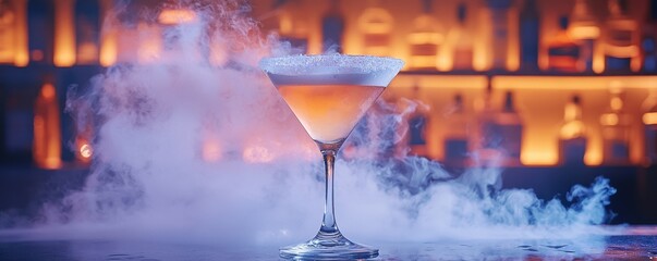 World cocktail day with beverage and glass idea. Elegant cocktail with smoke effect against a vibrant bar backdrop.