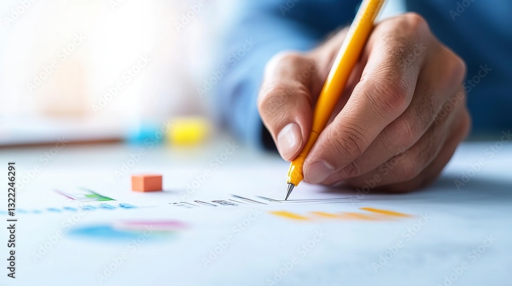 Poster close up of a hand writing on a paper with colorful charts and graphs using a yellow pen. brightly l