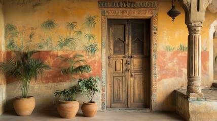 traditional Indian Entryway with Vintage Door and Clay Pots.
