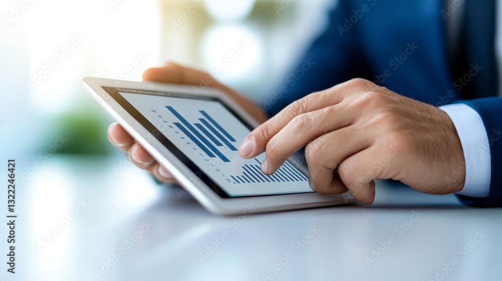 Poster close up of male hands using a tablet displaying a bar graph, bright office setting