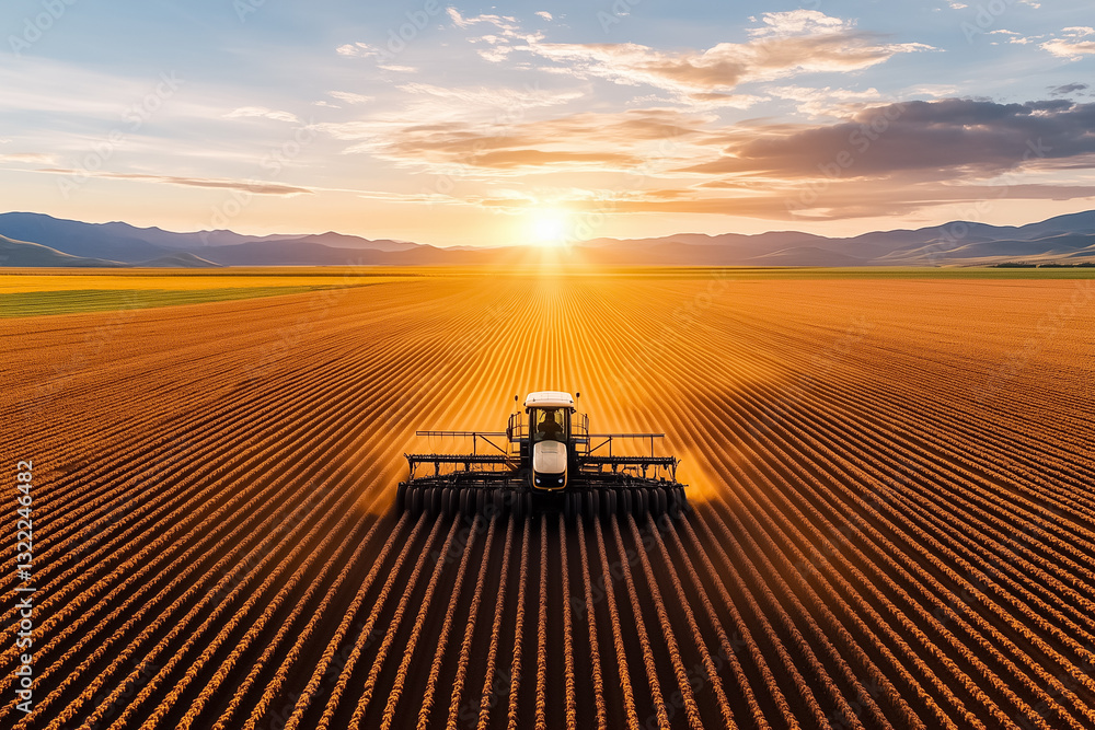 Poster under the midday sun, a minimalist pivot irrigation system crosses a vast field, creating geometric 