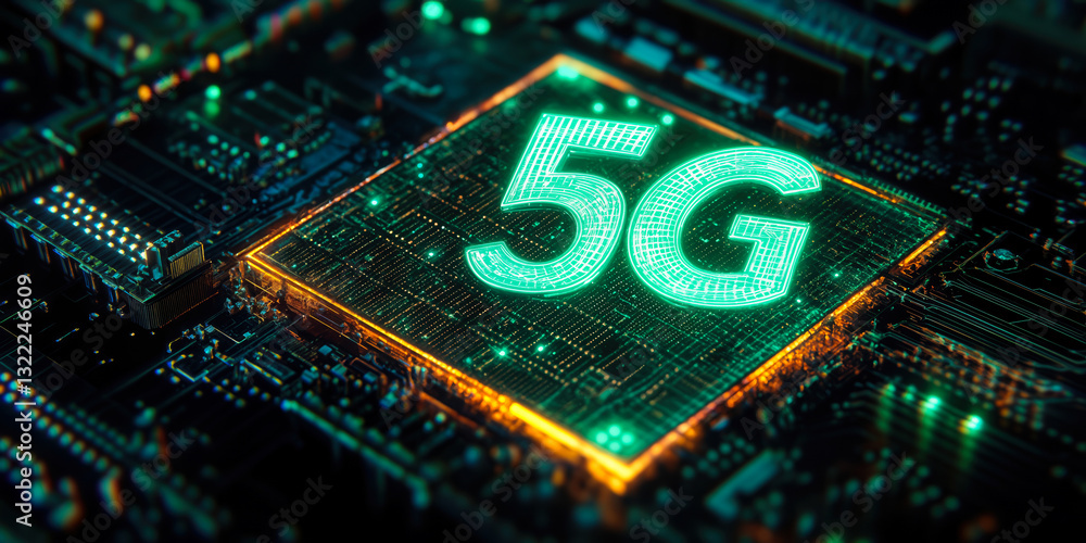 Poster futuristic 5g digital symbol with neon green holographic effect on circuit board background 3d rende