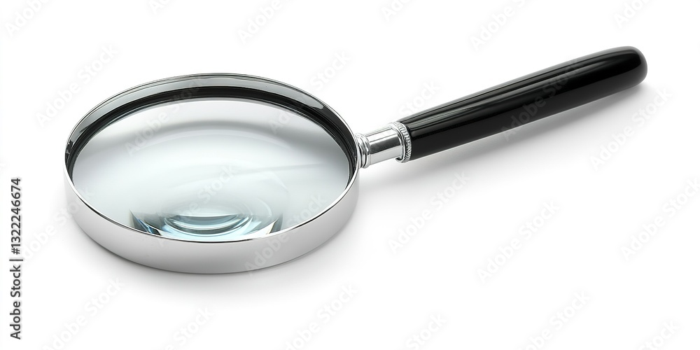 Poster magnifying glass on white background highlighting the design and functionality of a classic tool for