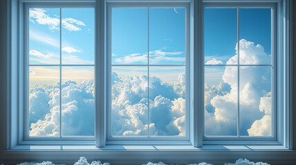 Fototapeta premium An open window reveals a breathtaking view of fluffy clouds drifting in a vibrant blue sky. Soft light filters in, creating an inviting atmosphere in the room