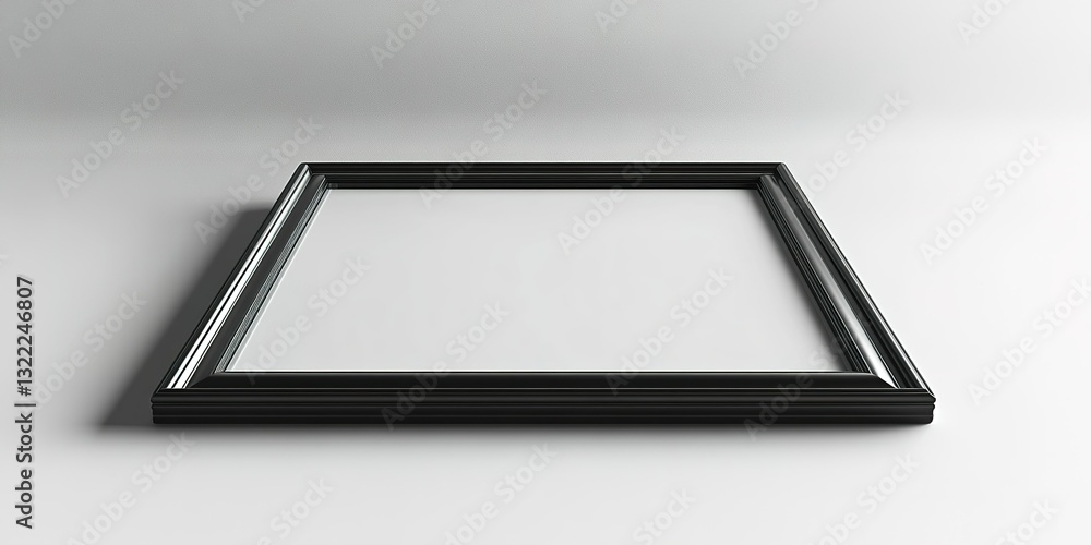 Poster empty black picture frame resting on a flat surface with neutral background emphasizing its shape an