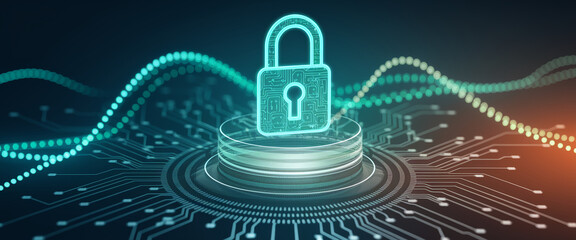 Cybersecurity concept image, showcasing a glowing padlock icon on a digital circuit board background, symbolizing data protection and online security