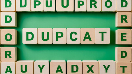 gray word duplicate made of wooden square letters on green background