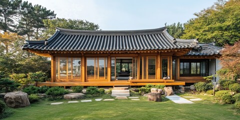Obraz premium A beautiful traditional style wooden house surrounded by landscape design