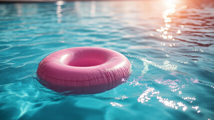 Bright sunlight reflects off clear water as a light pink floater drifts gently in a serene swimming pool. This scene captures a peaceful summer day, perfect for relaxation