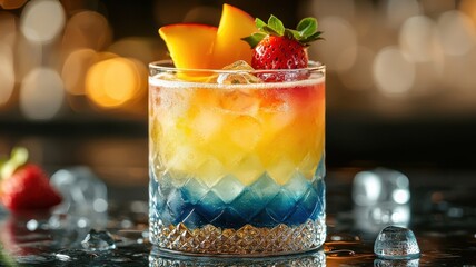 World cocktail day with beverage and glass idea. Colorful layered cocktail in a glass with fruit garnish.