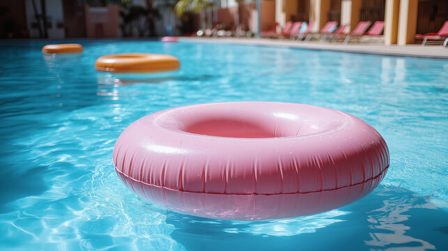 A light pink floater floats gently in a clear blue pool surrounded by sunny weather. Additional floaters in vibrant colors hint at a perfect day for leisure and fun