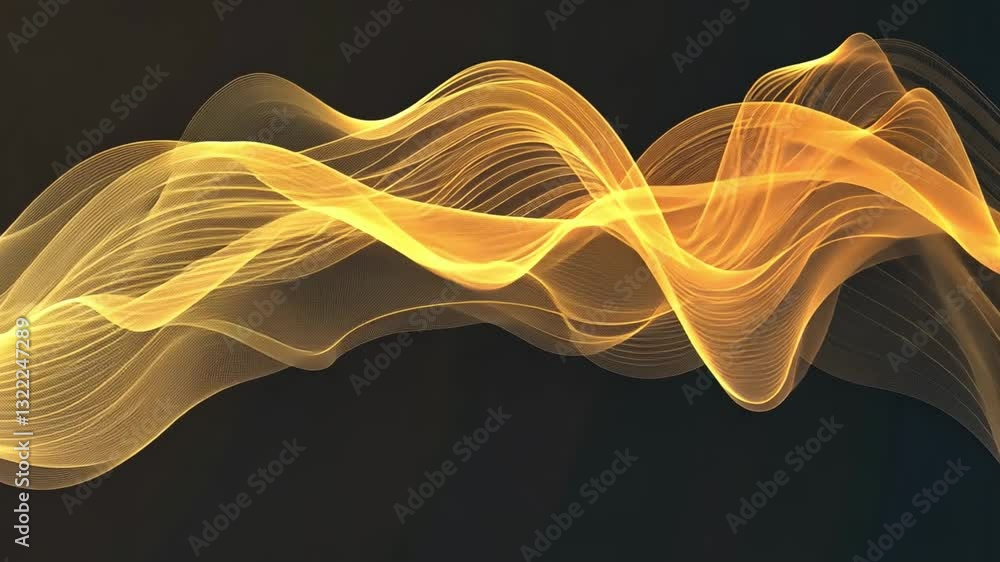 Poster Dynamic Abstract VDO with Flowing Golden Waves on Dark Background Smooth Curves and Vibrant Colors Evoke Movement, Energy, and Elegance in Mesmerizing Visual Effect with Intricate Lines and Fluidity.