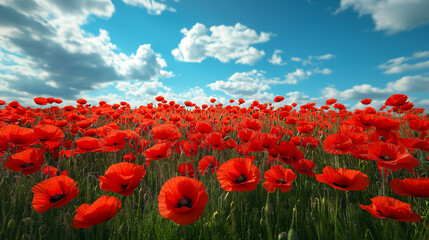 Obraz premium A stunning display of red poppies stretches across a lush green field under a bright blue sky. Fluffy white clouds drift lazily, creating a serene atmosphere filled with color and beauty