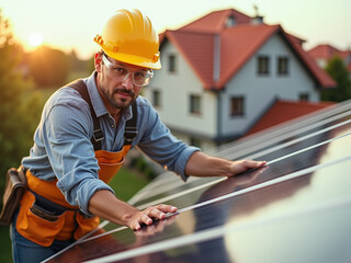 Especialista en energ&iacute;a solar instalando paneles fotovoltaicos en proyecto sostenible