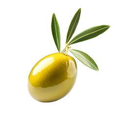 A single vibrant green olive with leaves on a black background a symbol of freshness and natural goodness